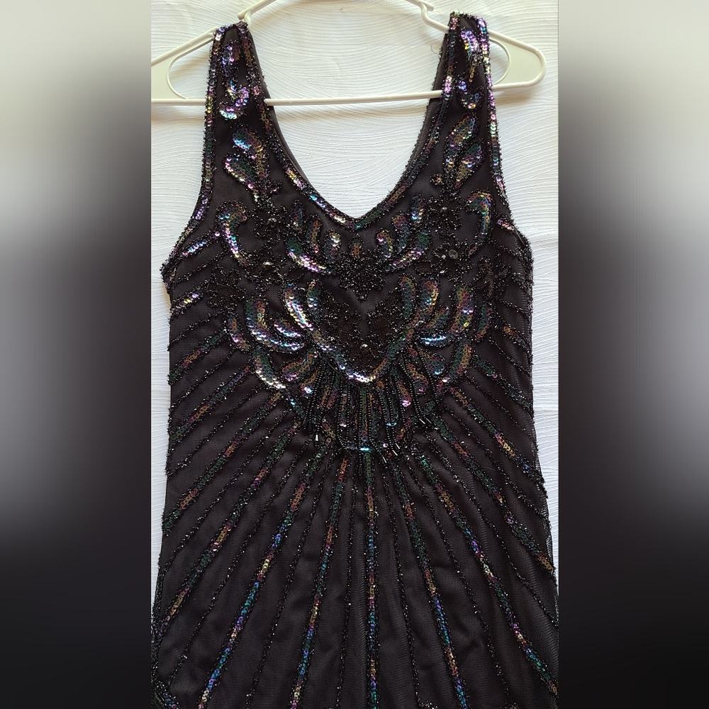 Elegant Black Sequin Flapper Dress 1920s Great Gatsby Style - Picture 8 of 16